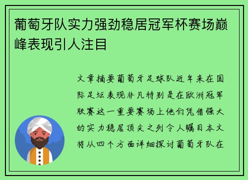 葡萄牙队实力强劲稳居冠军杯赛场巅峰表现引人注目