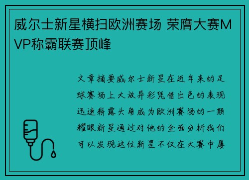 威尔士新星横扫欧洲赛场 荣膺大赛MVP称霸联赛顶峰