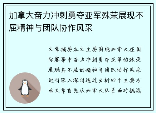 加拿大奋力冲刺勇夺亚军殊荣展现不屈精神与团队协作风采