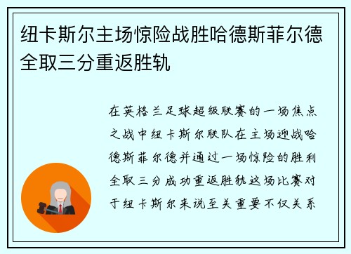 纽卡斯尔主场惊险战胜哈德斯菲尔德全取三分重返胜轨