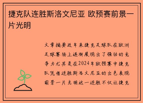 捷克队连胜斯洛文尼亚 欧预赛前景一片光明